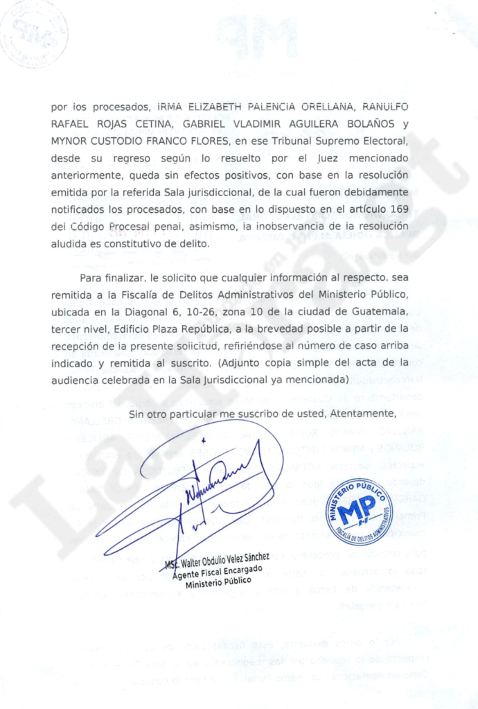 Oficio del MP emitido a la magistrada Blanca Alfaro este 21 de enero de 2025. Foto: La Hora.