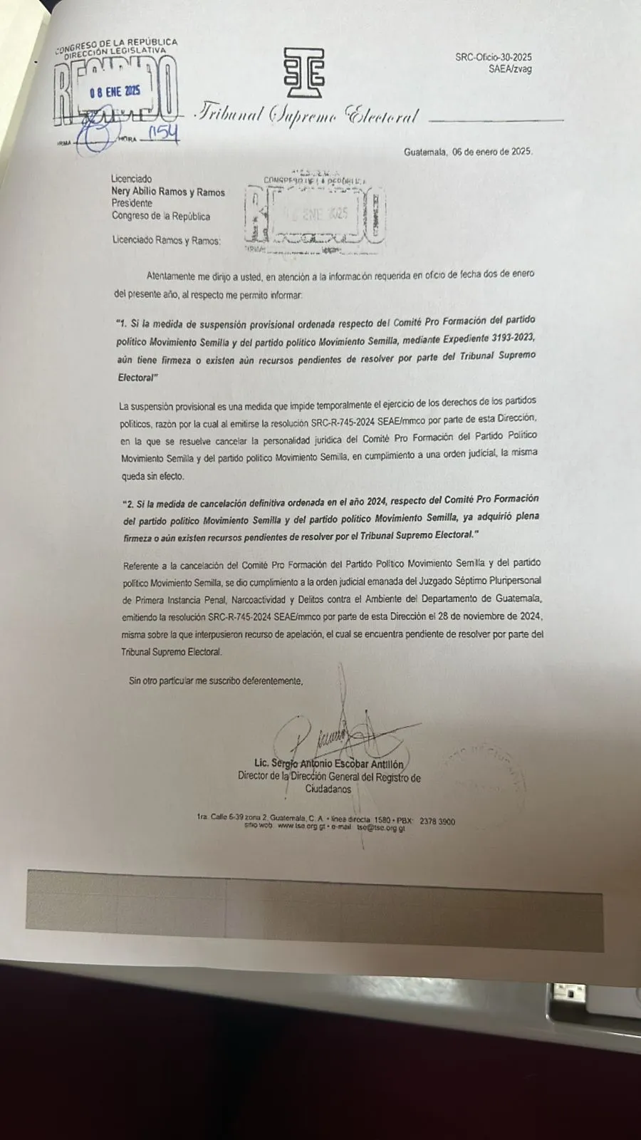 El Tribunal Supremo Electoral le responde al Congreso por la suspensión del partido Semilla. Foto: Cortesía