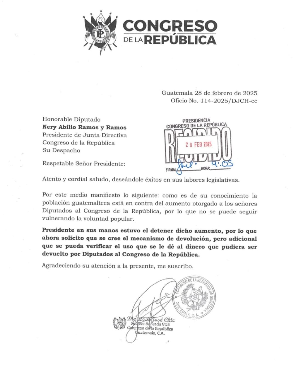 Carta de diputado José Chic. Foto La Hora: Congreso de la República