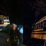 Bomberos Voluntarios informaron acerca de la atención a un accidente vial, donde un bus de transporte extraurbano colisionó contra un árbol en Tiquisate, Escuintla.