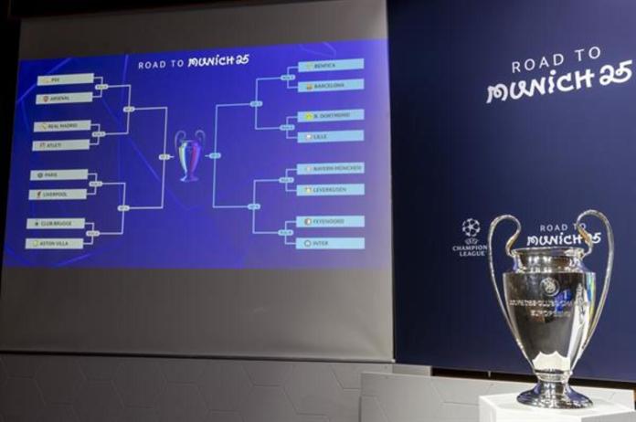 El cuadro de eliminatorias se muestra en un panel electrónico junto al trofeo de la UEFA Champions League después de los sorteos de octavos de final, cuartos de final y semifinales de la UEFA Champions League, en la sede de la UEFA en Nyon, Suiza, el 21 de febrero de 2025. Foto La Hora: EFE