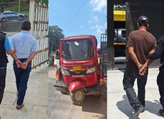 Detenidos y vehiculo con reporte de robo recuperado por operativos de DIEC. Foto La Hora: PNC
