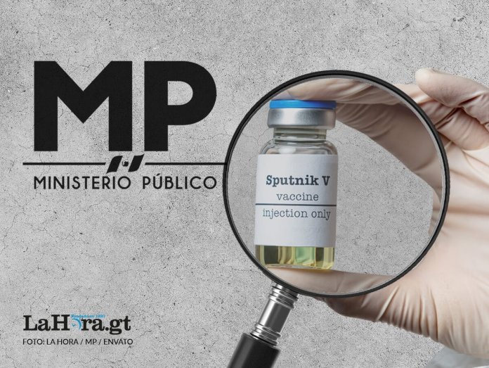 Un frasco con una lupa y el logo del MP