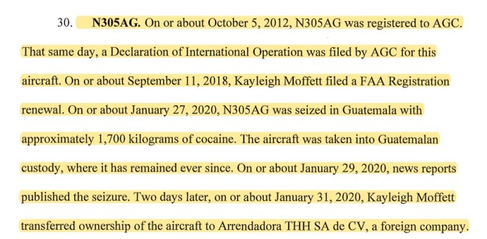 En la acusación EE.UU. contra Machado y socios, se menciona la aeronave que fue interceptada por el Ejército de Guatemala.