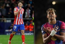 Atlético de Madrid y Barcelona  se juegan media liga este domingo 16 de marzo por la jornada 28 de LaLiga en el estadio Riyadh Air Metropolitano de la capital española. Foto La Hora: AP.