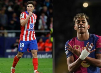 Atlético de Madrid y Barcelona  se juegan media liga este domingo 16 de marzo por la jornada 28 de LaLiga en el estadio Riyadh Air Metropolitano de la capital española. Foto La Hora: AP.