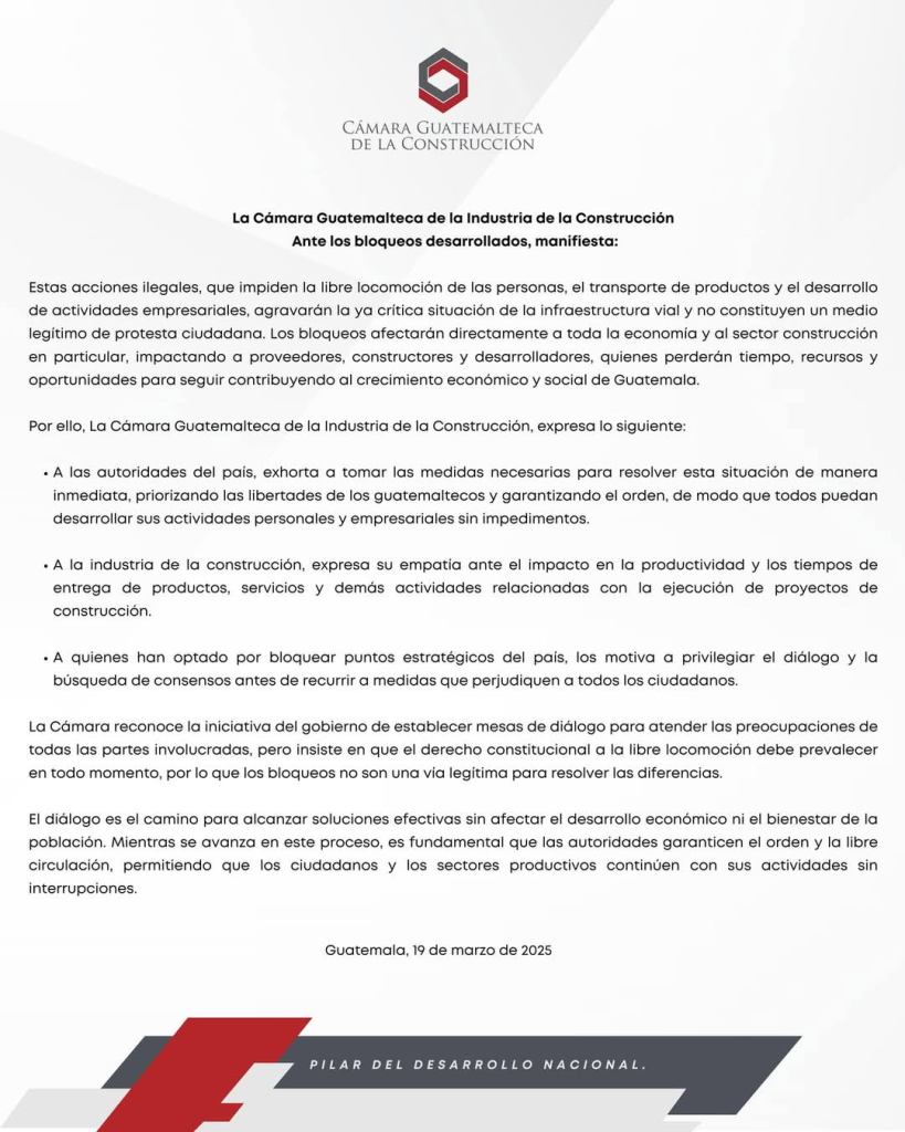 Cámara de la Industria de la Construcción se pronuncia ante protestas contra el seguro a vehículos