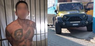 Ex convicto detenido por la PNC y vehículo víctima del ataque armado. Foto La Hora: PNC/BV