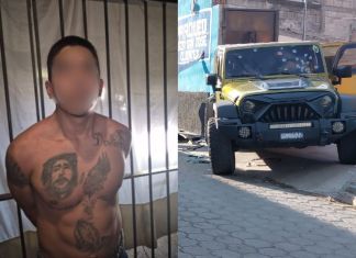 Ex convicto detenido por la PNC y vehículo víctima del ataque armado. Foto La Hora: PNC/BV