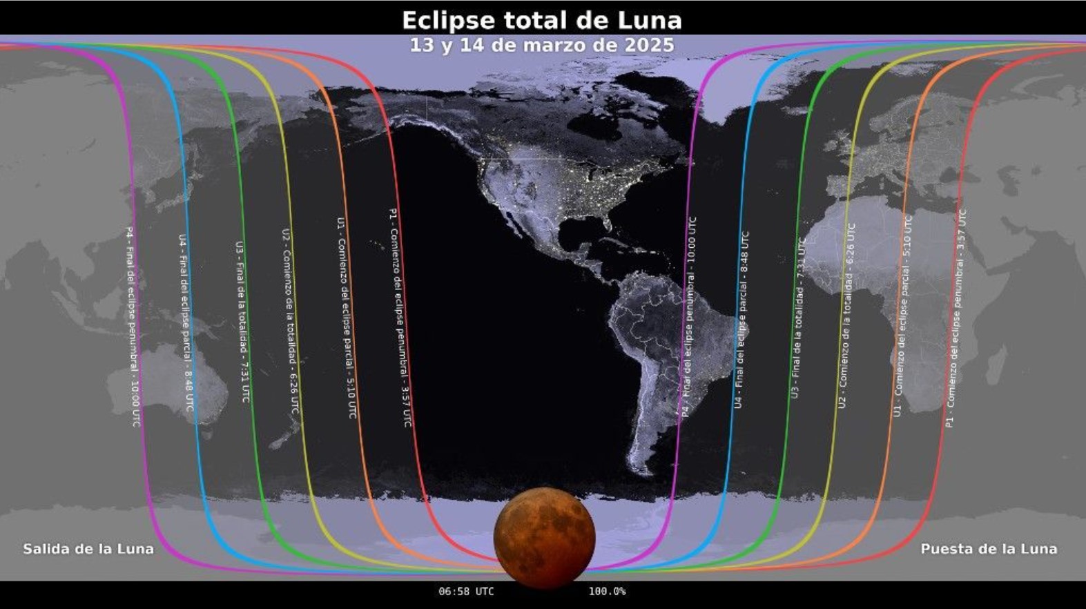 Mapa que muestra dónde será visible el eclipse lunar del 13 al 14 de marzo de 2025. Los contornos marcan el borde de la región de visibilidad en las horas de contacto del eclipse, identificados con la hora universal (UTC). Foto La Hora: Estudio de Visualización Científica de la NASA.