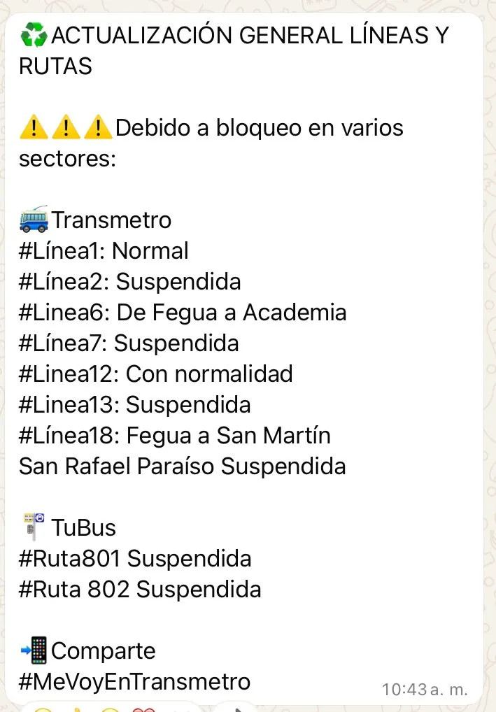 Anuncio de suspensión de líneas de transmetro