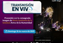 En vivo: Procesión con la consagrada imagen de María Santísima de la Soledad, Reina de la Humanidad Virgen de la Soledad saldrá en procesión este domingo.
