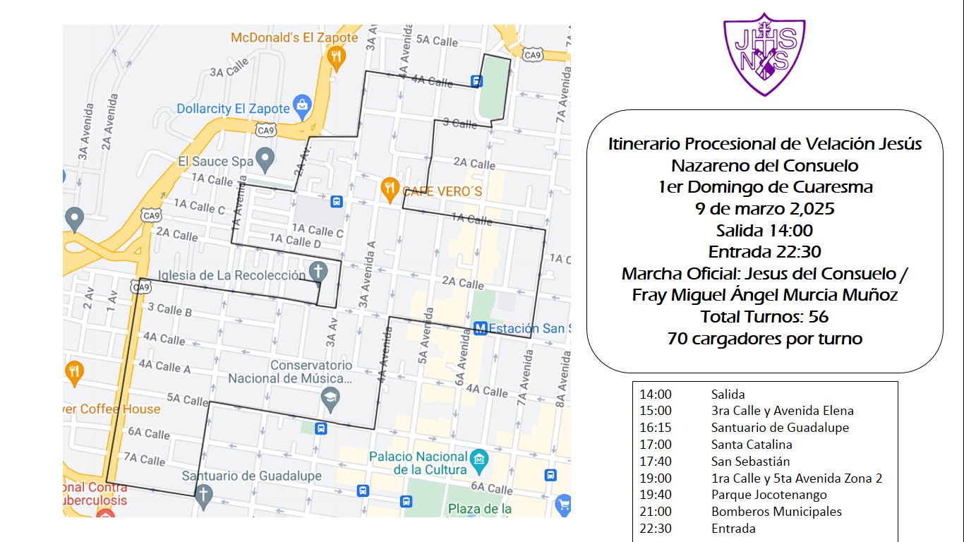 Recorrido procesión de velación consagrada imagen de jesús nazareno del consuelo, templo 