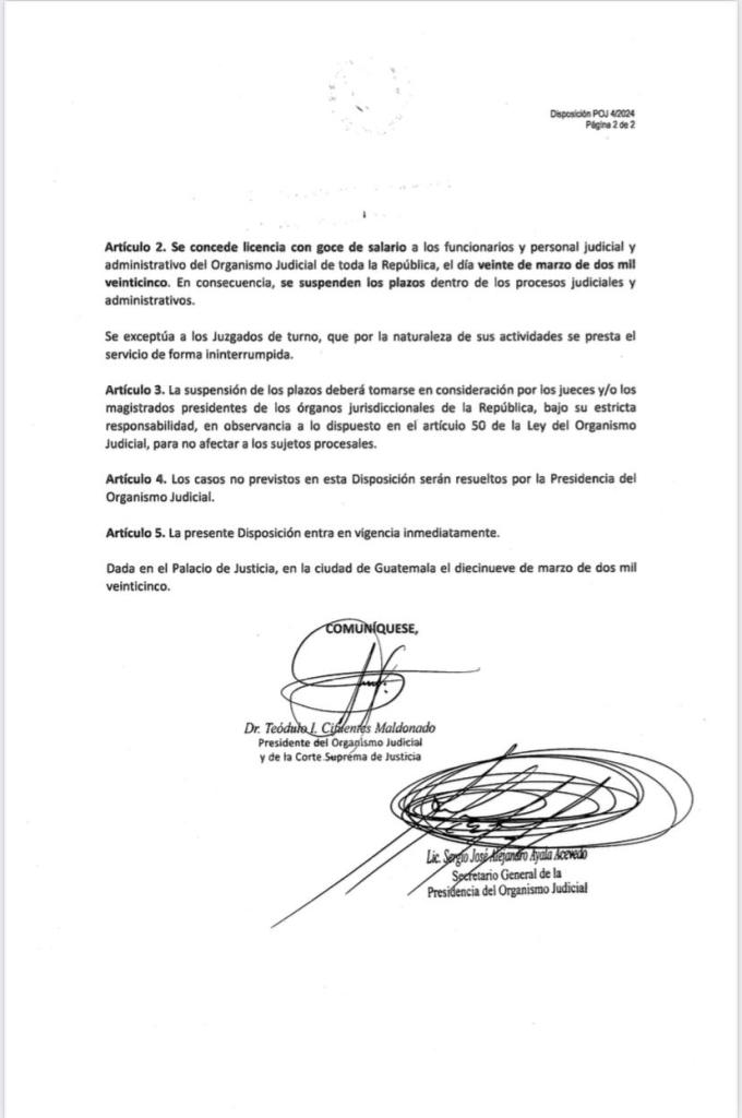 Disposición POJ 4/2025 del OJ suspendiendo actividades. Foto La Hora: OJ. Organismo Judicial suspende labores en todo el país