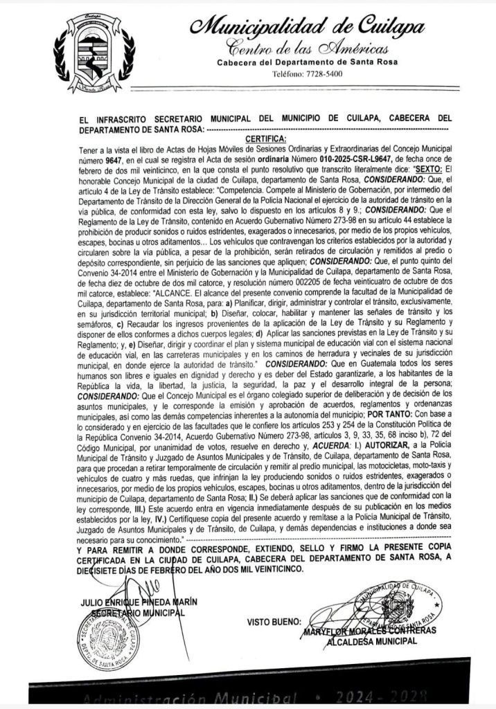 Concejo Municipal de Cuilapa autorizó el retiro temporal de todos los vehículos que generen ruidos estridentes