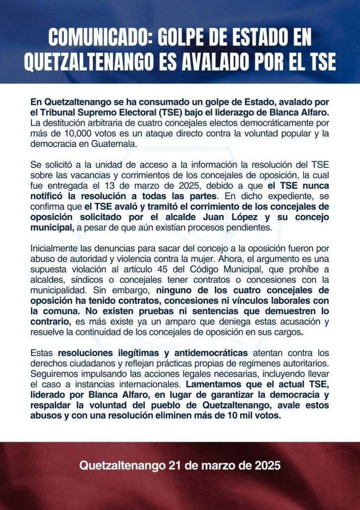 TSE aclara su función ante corrimiento de concejales en Quetzaltenango