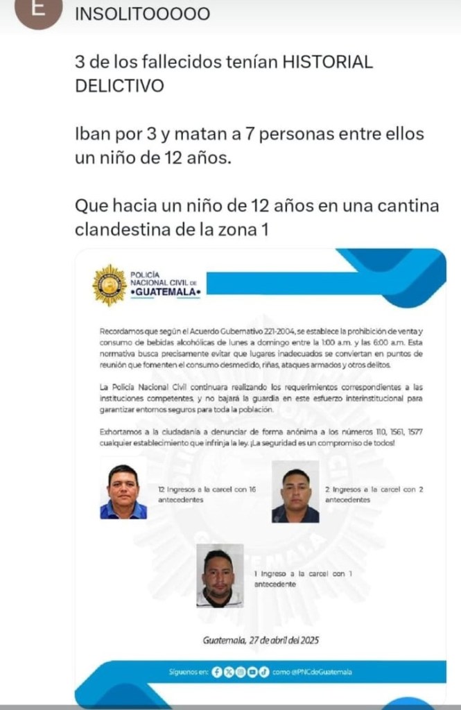 Captura de pantalla sobre los antecedentes de los tres fallecidos compartidos vía WhatsApp por parte del vocero Edwin Monroy.