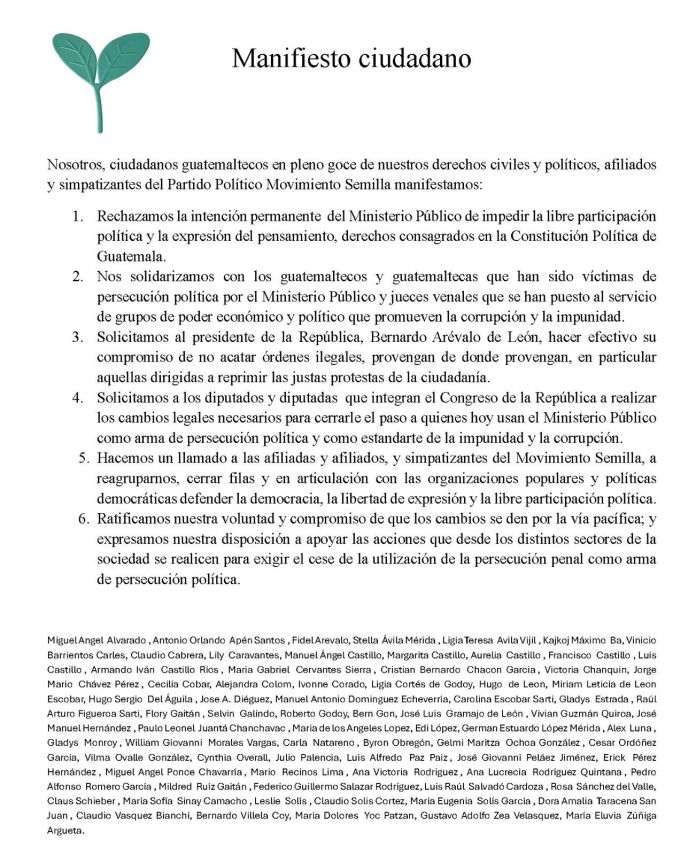 Comunicado de afiliados y simpatizantes del partido Movimiento Semilla. 