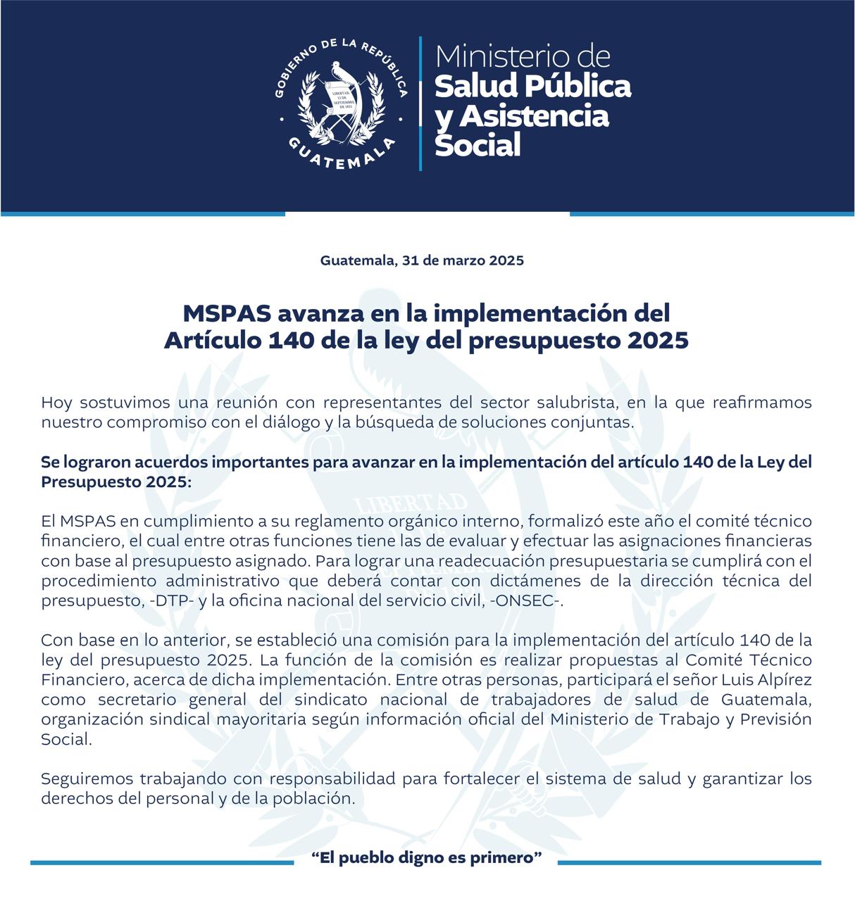 Comunicado de Ministerio de Salud sobre Integración de Luis Alpírez