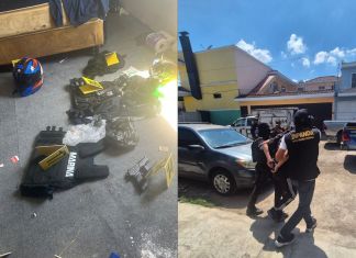 Chalecos tácticos localizados y presunto miembro de la mara salvatrucha detenido en allanamiento realizado por DIPANDA en Mixco. Foto La Hora: PNC