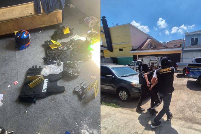 Dos camionetas colisionan en la Avenida las Américas zona 14 (2) Chalecos tácticos localizados y presunto miembro de la mara salvatrucha detenido en allanamiento realizado por DIPANDA en Mixco. Foto La Hora: PNC