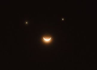 Ejemplo de la alineación de la luna, Venus y Saturno para le próximo 25 de abril. Foto La Hora: Getty Images 27 News.