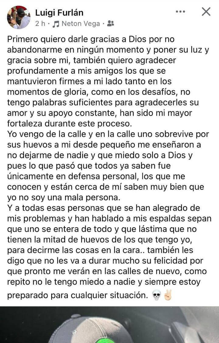 Mensaje escrito por Luigi Furlán tras recuperar la libertad. Foto La Hora: Captura de Pantalla