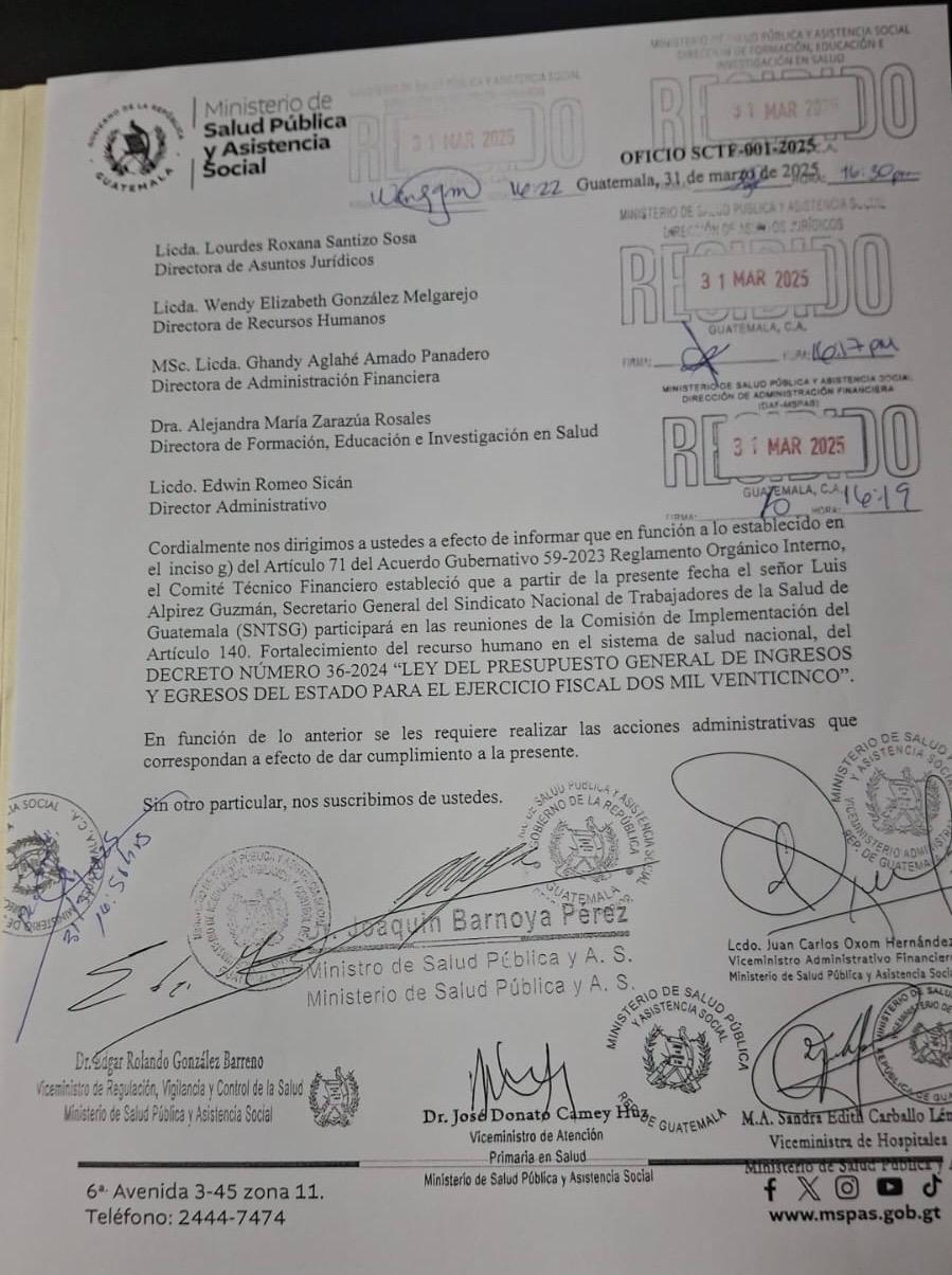 Oficio firmado con la integración del Secretario General del SNTSG a la comisión del artículo 140