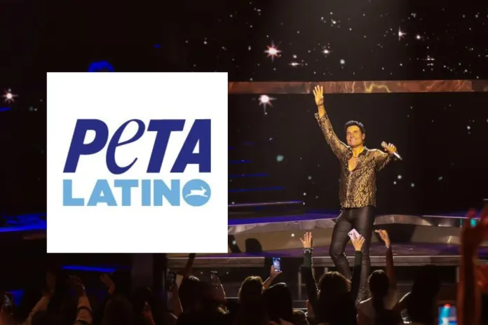 PETA envia una carta a Chayanne para solicitarle que cambie el nombre la cancion Torero a Bombero Logo tipo de Peta y Fotografía subida en X de Chayanne en un concierto en México. Foto La Hora: Redes Sociales.