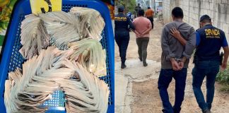 Dinero en efectivo localizado y presuntos miembros del barrio 18 capturados tras allanamiento en Boca Del Monte. Foto La Hora: PNC