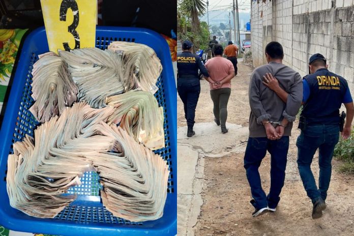 PNC desmantela presunta guarida del barrio 18 en Boca Del Monte Dinero en efectivo localizado y presuntos miembros del barrio 18 capturados tras allanamiento en Boca Del Monte. Foto La Hora: PNC