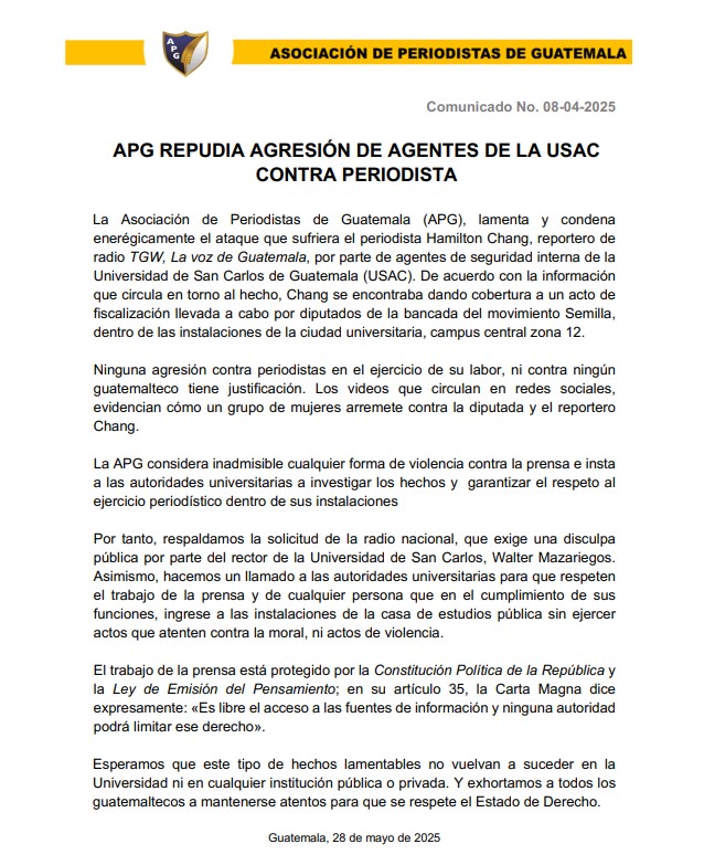 APG repudia agresión contra periodista durante altercado en la USAC
