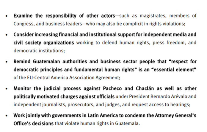 Peticiones a tomar en consideración por la UE contra posibles acciones en beneficio de la democracia en Guatemala