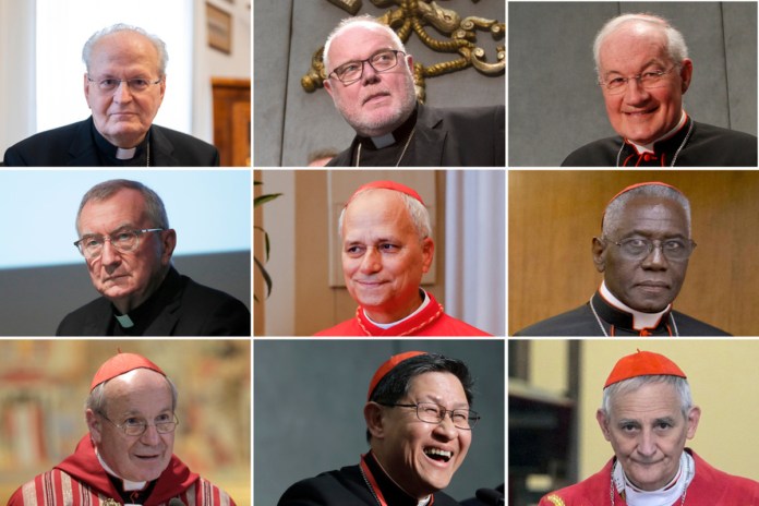 Esta combinación de fotos muestra, en la fila superior, de izquierda a derecha, a los cardenales Peter Erdö, Reinhard Marx y Marc Ouellet; en la fila central, de izquierda a derecha, a los cardenales Pietro Parolin, Robert Prevost y Robert Sarah; y en la fila inferior, de izquierda a derecha, a los cardenales Christoph Schoenborn, Luis Tagle y Matteo Zuppi. Foto La Hora: AP.
