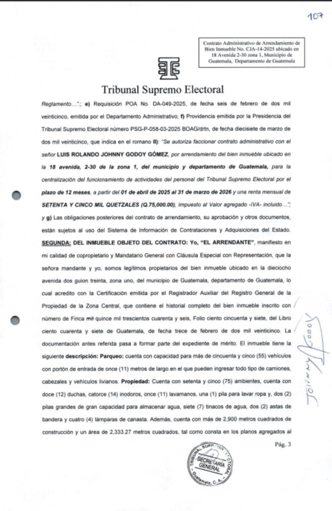 Contrato firmado entre el TSE y dueño de edificio para las instalaciones que serán usadas por un año. Foto La Hora: Guatecompras.gt