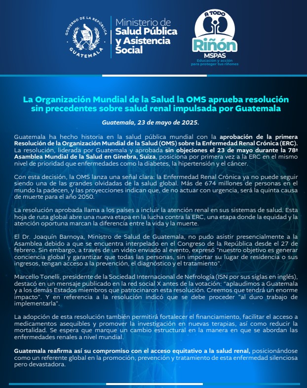OMS aprueba resolución de Guatemala para considerar Enfermedad Renal Crónica como prioritaria