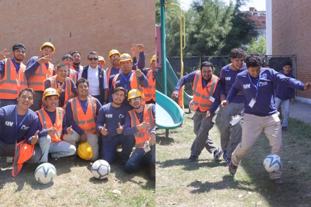 Ministro del CIV, junto a obreros del e la Escuela de Educación Especial en zona 1 celebrando el día del albañil. Foto La Hora: CIV