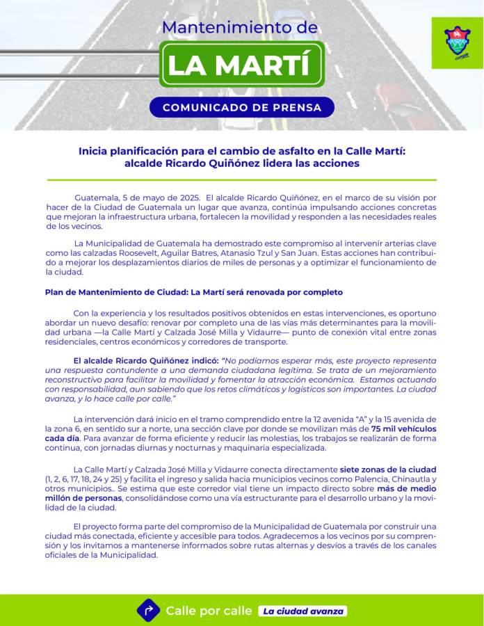 MuniGuate anuncia cambio de asfalto en la calle Martí y la calzada José Milla y Vidaurre