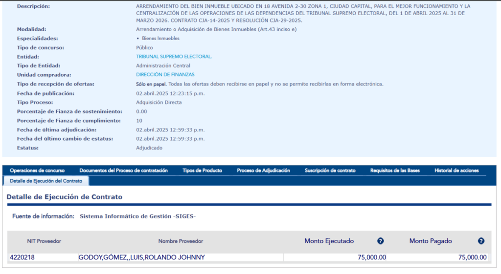 Primer pago realizado por TSE por arrendamiento de edificio. Foto La Hora: Guatecompras.gt