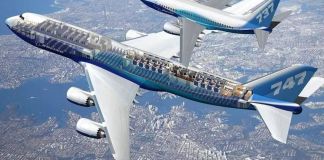 El primer plano, edel avion modelo Boeing 747-800. Foto La Hora: El Correo Del Golfo
