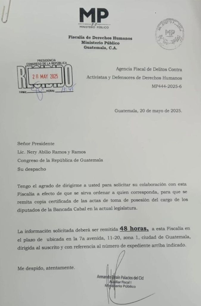 Este es el requerimiento de la Fiscalía de Derechos Humanos de la bancada Cabal. Foto: Cortesía
