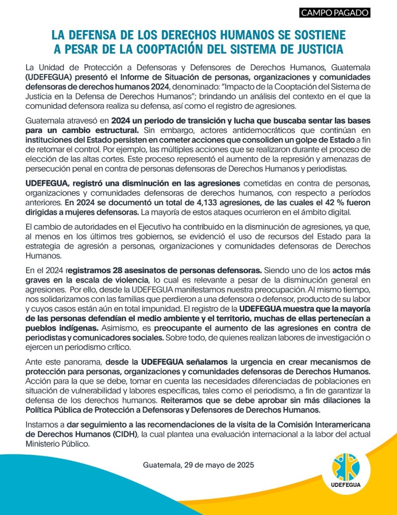 Comunicado de Udefegua: Foto La Hora: Udefegua
