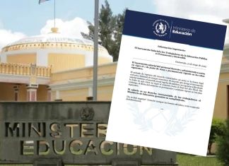 Fachada del edificio del Ministerio de Educación y comunicado sobre la vigencia del aumento salarial. Foto La Hora: Mineduc