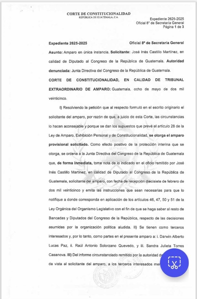 Parte del amparo a favor del jefe del bloque UNE, José Inés Castillo. Foto: Congreso de la República