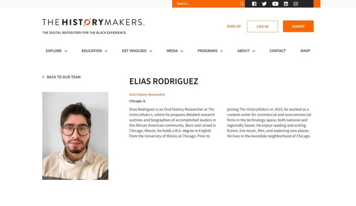 Captura de pantalla de la página de The History Makers que muestra la biografía del presunto responsable del tiroteo de Washington Elías Rodríguez. Foto La Hora: EFE