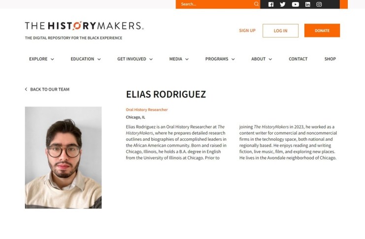 Captura de pantalla de la página de The History Makers que muestra la biografía del presunto responsable del tiroteo de Washington Elías Rodríguez. Foto La Hora: EFE