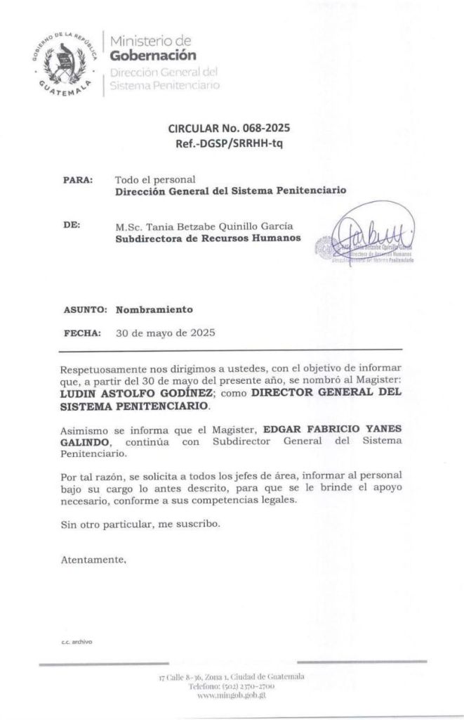 Circular enviada por el Sistema Penitenciario en donde confirman al nuevo director. Foto La Hora: SP
