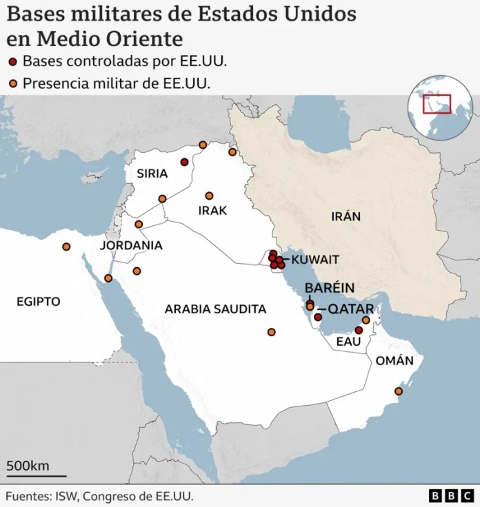 Mapa de las bases militares Estadounidenses en Medio Oriente. Foto La Hora: BBC