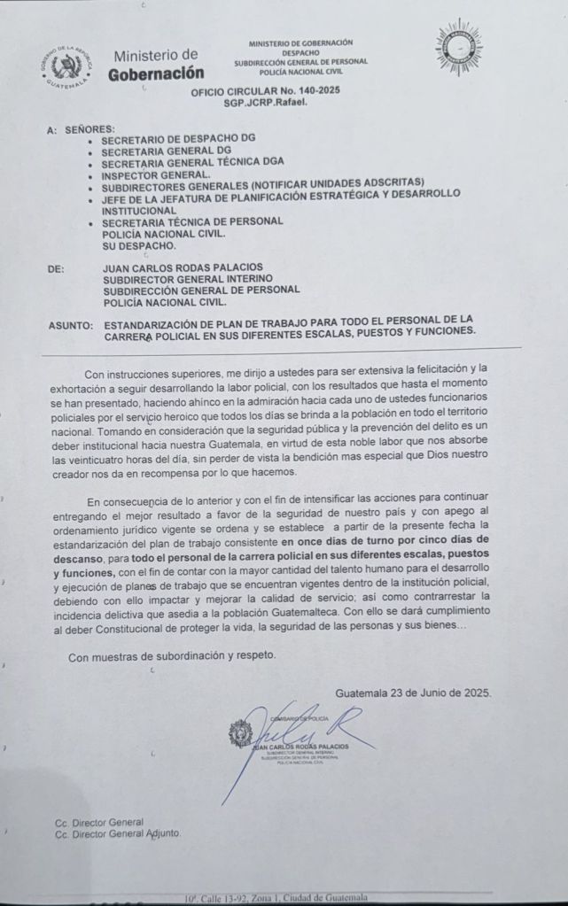 Oficio sobre estandarización del plan de trabajo de la PNC a la que La Hora tuvo acceso.