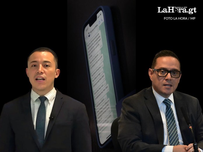 Arte En la foto, Ángel Pineda, secretario general del MP, Juan Luis Pantaleón, asesor del despacho de Consuelo Porras y al centro una fotografía de mensajes recibidos por Pineda con instrucciones del entonces vocero, en el marco de una entrevista Cara a Cara realizada por La Hora.
